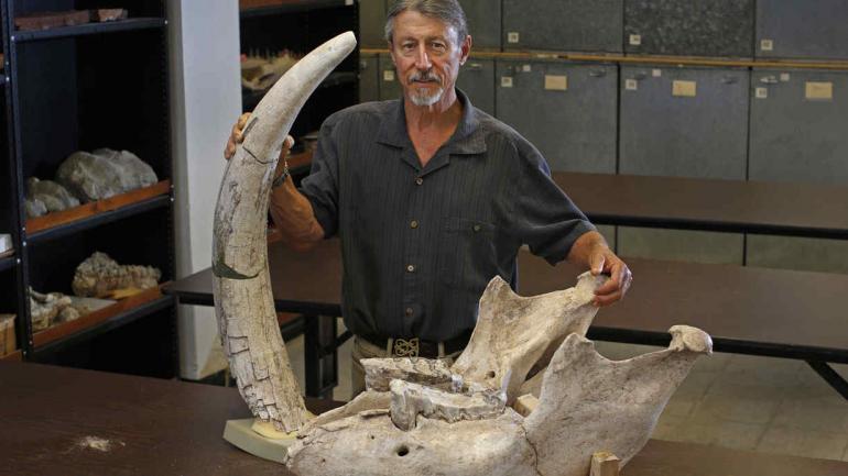 HOUDE. Al posar con el colmillo y la mandíbula de un Stegomastodon en el Museo de Vertebrados, en Foster Hall (Foto de Andrés Leighton/Gentileza NMSU)